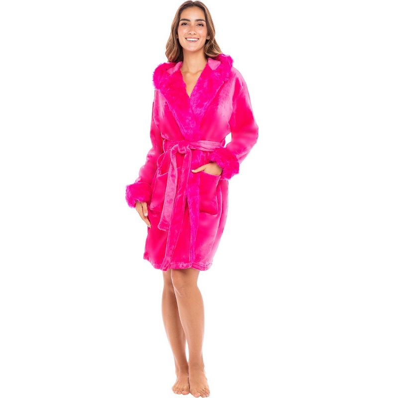 Women's Faux Fur Feather Hooded Robe, Soft Plush Fleece Knee Length Bathrobe with Hood, 1 of 5