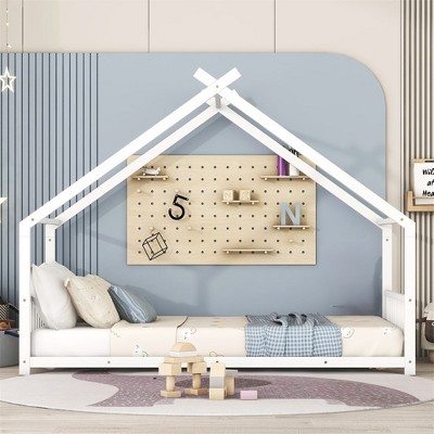 Twin Size House Bed, Metal Floor Bed Frame With Roof, House Shape Bed With Metal Slats Support For Teens Kids Boys Girls, No Box Spring Needed