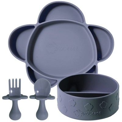 Image of Grabease Baby Feeding Set - Silicone Plates, Bowls, and Suction Plates for Baby-Led Weaning & Portion Control, 4 Piece Set, Gray