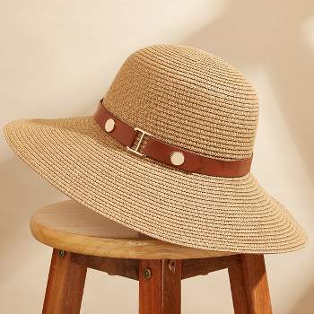 Women's Gold-Tone and Faux Leather Wide Brim Straw Hat - Cupshe