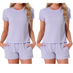 INSPIRE CHIC Women's 4 Pcs Ribbed Knit Soft Short-Sleeve Top & Shorts Ruffled Lounge Pajama Set with Pocket - 1 of 4