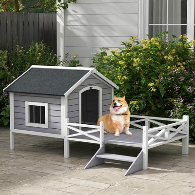 Gray Wooden Elevated Dog House with Porch and Raised Floor