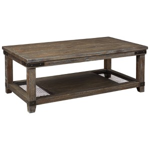 Danell Ridge Rectangular Cocktail Table Brown - Signature Design by Ashley: Solid Pine, Iron-Tone Brackets, Storage Shelf - 1 of 4