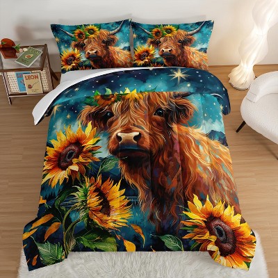 Acoinel 3 Pcs Cow and Sunflower Lightwight Ultra Soft Comforter Set with 2 Pillowcases, Brown