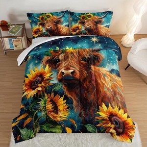 Acoinel 3 Pcs Cow and Sunflower Lightwight Ultra Soft Comforter Set with 2 Pillowcases, Brown - 1 of 4