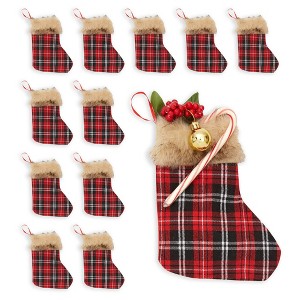 Okuna Outpost 12 Pack Mini Christmas Stockings, Red Buffalo Plaid Holiday Decor (6 x 8 in) - 1 of 4