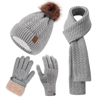 ZUPPAD Winter Hat Scarf Gloves Set for Women, Classic Cable Beanie with Removable Pom Pom Long Scarf Touchscreen Gloves 3 in 1 Set