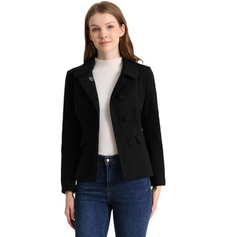 INSPIRE CHIC Women's Peter Pan Collar Double Breasted Long Sleeve Short Peacoat Black X-Large