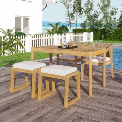 Coolbibila 5 Piece Teak Dining Table and Chairs,Acacia Wood Outdoor Dining for 4,2 Patio Garden Benches and 2 Fabric Uphostered Arm Chairs