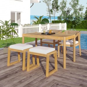 Coolbibila 5 Piece Teak Dining Table and Chairs,Acacia Wood Outdoor Dining for 4,2 Patio Garden Benches and 2 Fabric Uphostered Arm Chairs - 1 of 4