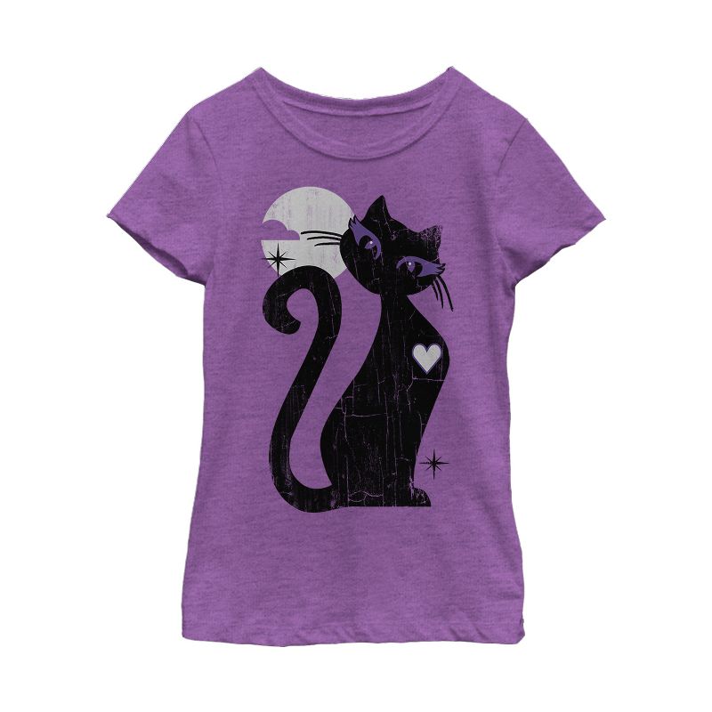 Girl's Lost Gods Halloween Full Moon Cat Heart T-Shirt, 1 of 4