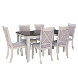 Powell 7pc Benoit Solid Wood Dining Set White: Modern Farmhouse Style, Padded Upholstered Chairs - 1 of 4