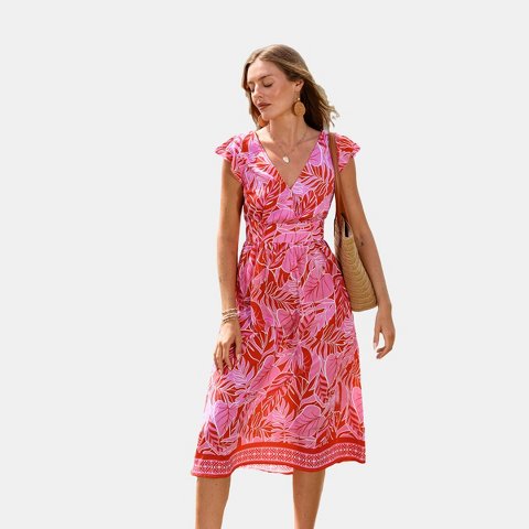 Женские платья Cupshe Women's Floral Print V-Neck Midi Dress for Wedding-M-Pink