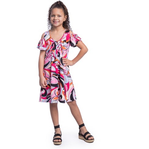 24seven Comfort Apparel Girls Pink Cold Shoulder Knee Length Dress ...