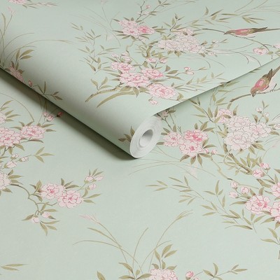 Green Floral Bird Chinoiserie Non-Pasted Wallpaper