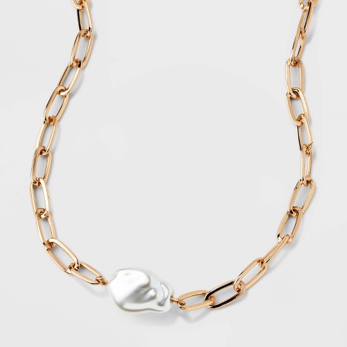 Link Chain Necklace and Baroque Pearl Charm Rose Gold Set