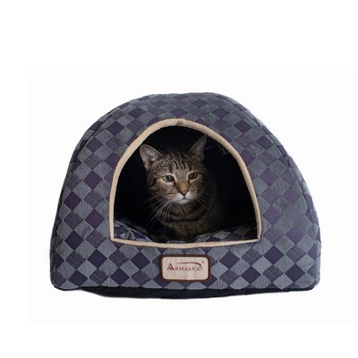 Small Purple Gray Checkered Dome Cat Bed with Fiberfill