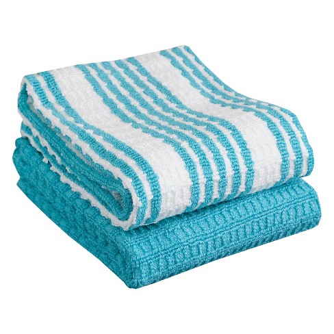 2pk Solid & Striped Waffle Terry Kitchen Towels Blue - T-Fal