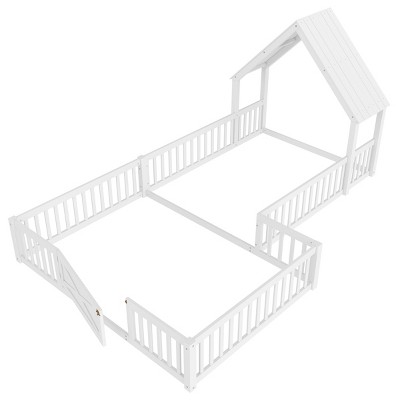 TopComfy Beds Full Size House Floor Bed Double Full Floor Bed with Door and Full length Guardrails Design for Bedroom, White, 78.35"*53.11"*69.61"