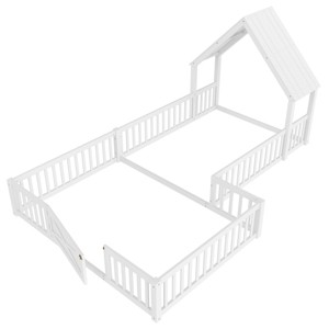 TopComfy Beds Full Size House Floor Bed Double Full Floor Bed with Door and Full length Guardrails Design for Bedroom, White, 78.35"*53.11"*69.61" - 1 of 4