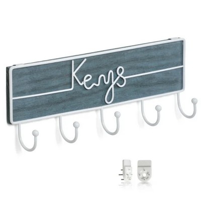 LunaLulinlk Wall Mounted Key Hooks Holder Entryway Wooden Keys Hanger Organizer White and Blue