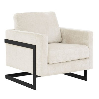 LeisureMod Boucle Fabric Arm Chair with Black Stainless Steel Frame and Removable Back Cushion Lincoln Collection