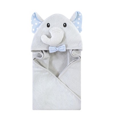 Hudson Baby Infant Boy Cotton Rich Animal Face Hooded Towel, White Dots Gray Elephant, One Size