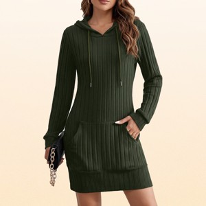 EadianDree Womens Long Sleeve Hooded Sweater Dress Ribbed Knit Drawstring Pocket Casual Mini Dresses Loose Fall Sweatshirt Dress,Army Green