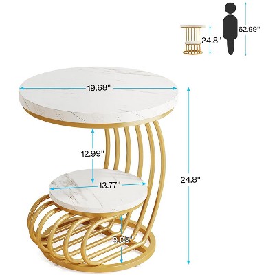 Gold and White Faux Marble Round End Table with Storage Shelf