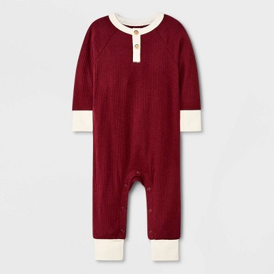 Image of Baby Boys' Rib Henley Romper - Cat & Jack™ Maroon Newborn