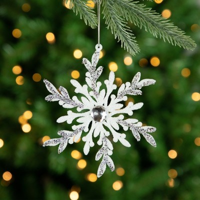Set of 4 White and Silver Glitter Snowflake Ornaments
