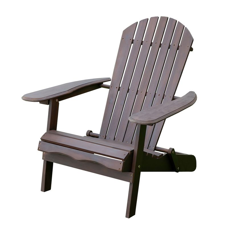 Merry Products Real Acacia Hardwood Flat Folding Adirondack Patio Chair with Tall Backrest, Curved Seat, and Wide Armrests, Dark Stain, 1 of 7