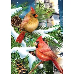 Snowy Cardinals Winter House Flag Pines Cones 28"