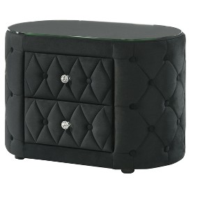 Vynxaria Luxurious Oval Nightstand - Plush Tufted Upholstery, 8mm Tempered Glass Top, 2 Drawers with Sparkling Knobs - 1 of 4