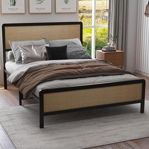 Bohemian Rattan Bed Frame with Headboard & Footboard - Heavy Duty Metal Platform, Noise-Free Reinforced Slats, Under Bed Storage - 1 of 4