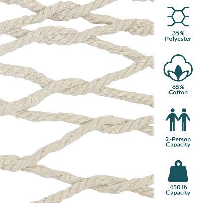 Double Wide Beige Cotton Rope Hammock with Hardwood Spreader Bars