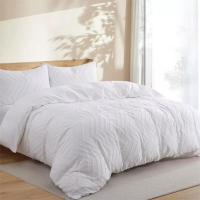 Wave White Tufted Jacquard Geometric Duvet Cover Set Full/Queen