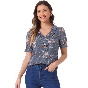 INSPIRE CHIC Women's Ruffle V Neck Puff Short Sleeve Floral Blouse - 1 of 4