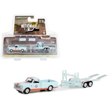 1968 Chevrolet C-10 Shortbed Truck Light Blue and Orange and Tandem Car Trailer "Gulf Oil" 1/64 Diecast Model Car by Greenlight