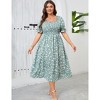 Clearlove Women's Plus Size Square Neck Puff Short Sleeve Self Tie Front A Line Dress - 3 of 4