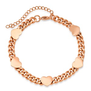 Steeltime Ladies stainless steel curban link bracelet with hearts charms. Color Options: Silver, Gold, Rose Gold - 1 of 4