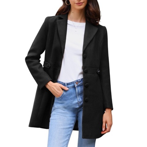 Allegra K Women's Notched Lapel Single Breasted Button Down Outerwear Winter Coats Black Medium