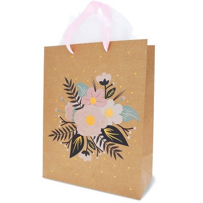 Photo 1 of Floral Gift Bags – 12-Pack Brown Kraft Bags for Weddings, Retail - 20 Tissue Paper Sheets Included (13 x 10 Inches)