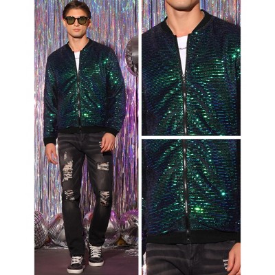 Lars Amadeus Men's Zipper Long Sleeves Party Disco Shiny Sequin Bomber Jacket Multicolor X Large — фото 4