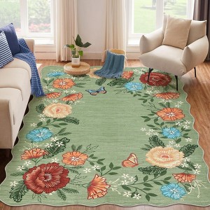 coucheta 9x12 ft Area Rug, Low Pile, Washable Rugs,Stain Resistant, Non Slip, Modern Floral Scalloped Carpet for Bedroom, Living Room, Green - 1 of 4