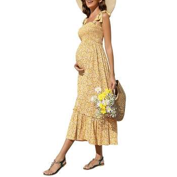 Smocked Maternity Boho Summer Dress Casual Spaghetti Strap Ruffle Sleeveless Swing Maxi Dress Baby Shower Photoshoot Yellow Floral M