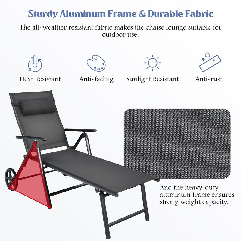 Costway  2PCS Patio Lounge Chair W/ Wheels Neck Pillow Aluminum Frame Adjustable, 5 of 11