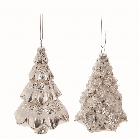 Transpac Glass Silver Christmas Snowy Tree Ornaments Set Of 2 : Target