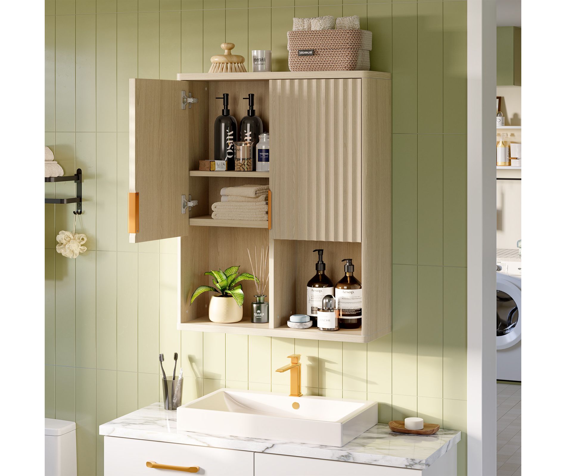 Bestier Fluted Bathroom Cabinet with Shelves & Cabinets, Wall Cabinet Over the Toilet, Bathroom Wall Storage Wall Mounted Medicine Cabinet, Oak