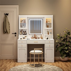 TIRAMISUBEST Large Vanity Table with LED Lighted Mirror, Dressing Table with 6 Drawers and Storage Shelves, Makeup Vanity Desk with Storage - 1 of 4